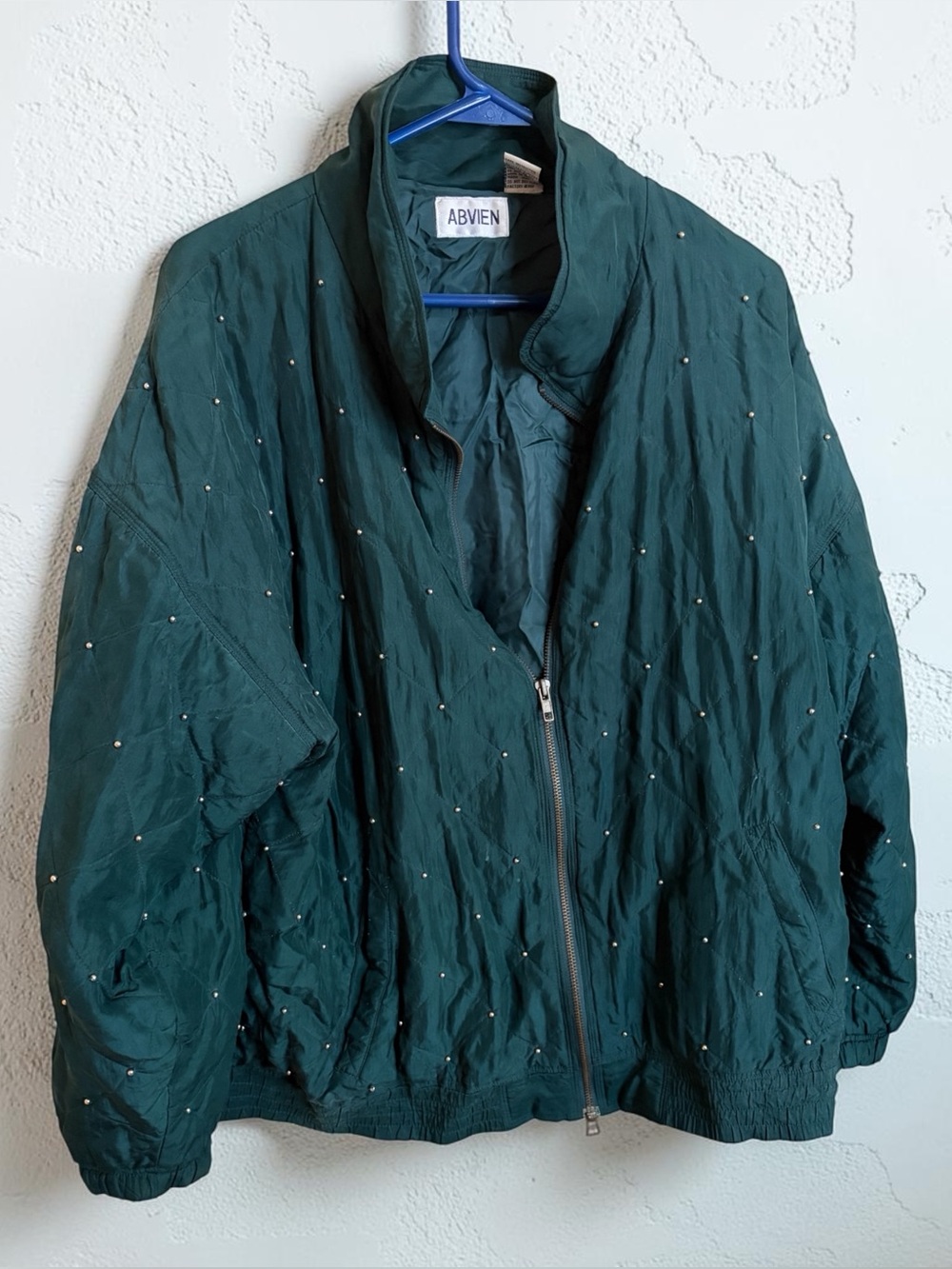 Vintage Abvien 100% Silk Studded Green Bomber Zip Up Jacket Size Large